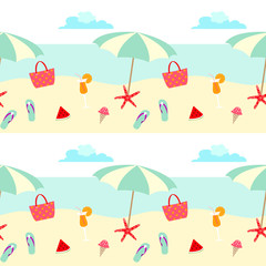 Summer pattern design with umbralla , beach, sea, fruits, and holiday symbols.