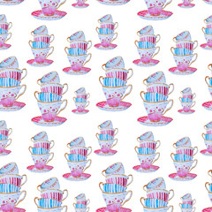 Watercolor hand drawn tea cups