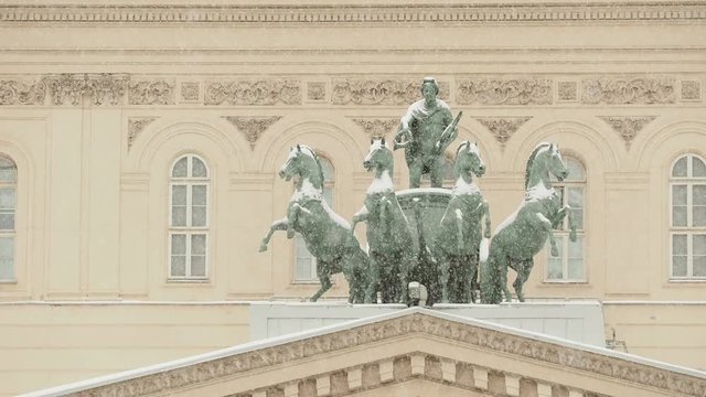 Bronze sculpture of god Apollo on quadriga of his muses on Bolshoi Theatre. Moscow, Russia.