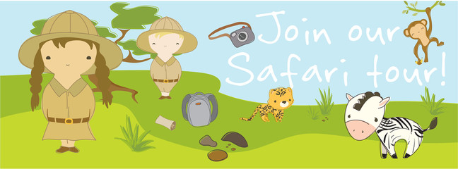 Safari tour scene. Two kids discover safari life. Cute hand drawn vector illustration. Minimalistic kid style facebook cover template. For your company presentation, promotion or other purposes.