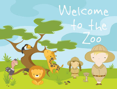 Safari trip banner. Minimalistic kid style scene. Cute hand drawn vector illustration for promotions, photo zone, birthday party background and etc.