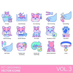 Pet grooming icons including spa, hydrotherapy, ear cleaning, nail trimming, buffing, teeth brushing, breath refresh, outfit, blueberry facial, paw balm, polish, feather hair accessory, exotic, gland 