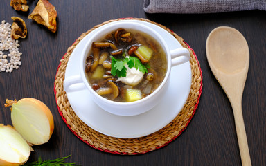 Delicious mushroom soup with parsley close-up on the table. Horizontal top view.