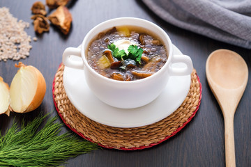 Mushroom soup with parsley. Traditional vegetarian dish. Close-up on the table dill and onions.
