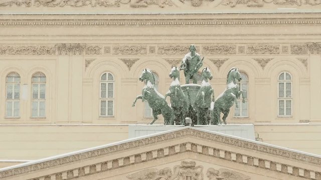 Bronze sculpture of god Apollo on quadriga of his muses on Bolshoi Theatre. Moscow, Russia.