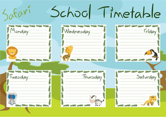 School timetable template. Minimalistic kid style safari concept. Hand drawn vector illustration.