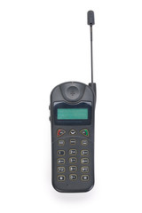 Front view of an old vintage smart phone from the late 90's. Isolated on completely white background. Contains clipping path..