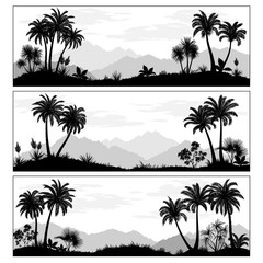 Set Exotic Landscapes, Palms Trees, Tropical Plants, Flowers and Mountains Black and Grey Silhouettes. Vector
