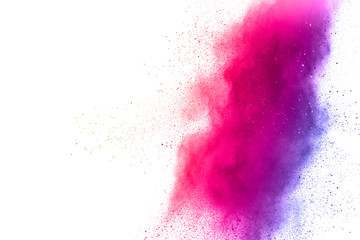 Pink color powder explosion on white background.