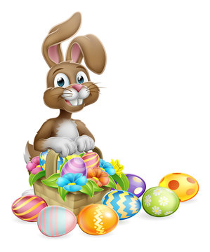 An Easter bunny rabbit cartoon character with a basket on an Easter egg hunt