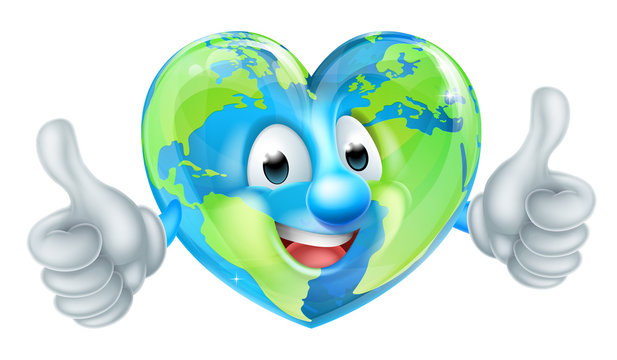 A cute cartoon earth world mascot character in the shape of a heart giving a thumbs up