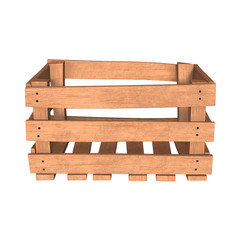 Wooden box for transportation and storage of products. Empty crate for fruits and vegetables. 3d render isolated on white background.
