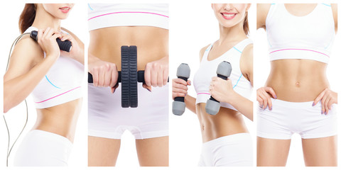 Beautiful and fit woman in a fitness workout. Isolated collage. Sport, nutrition, health and weight loss concept.