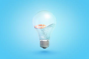 3d rendering of transparent light bulb with liquid and orange lifesaver inside on blue background