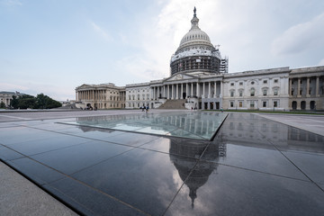 Fototapeta premium The Capitol Building, Washington DC undergoing repairs circa 2016