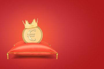 3d rendering of a stylized euro coin wearing a gold crown and standing on a red royal pillow on red backround with a lot of copy space left.