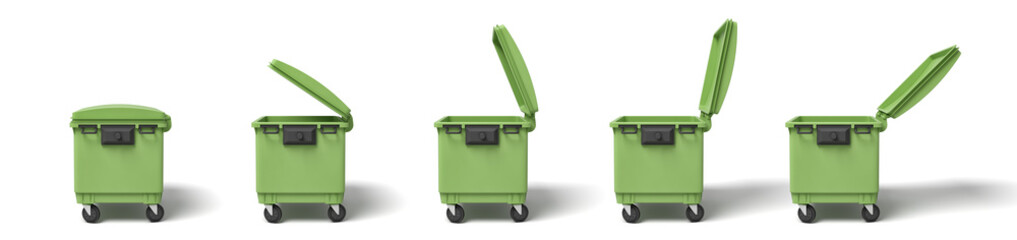 3d rendering of several light-green dumpsters in a row on white background.