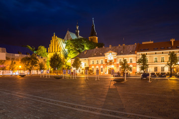 Fototapeta na wymiar Night view on the main square in Olkusz city, Malopolskie, Poland