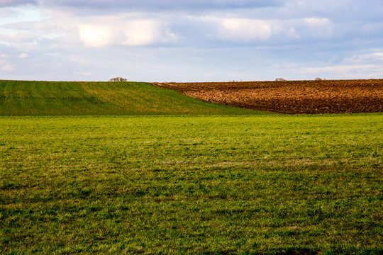 Landscape with plowed field and blue sky.