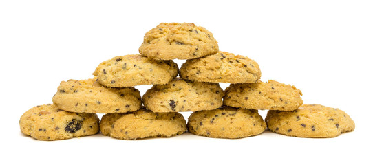 butter cookies with cashew nuts forming pyramid at eye level. isolated on white background