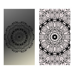 Design Vintage Cards With Floral Mandala Pattern And Ornaments. Vector Template. Islam, Arabic, Indian, Mexican Ottoman Motifs. Hand Drawn Background. Black grey color