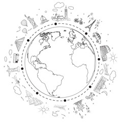 Travel black and white sketch. Earth  with attractions and trip transport. Vector illustration for travel agency.