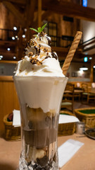 Chocolate mousse sundae with egg roll