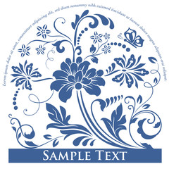 Fototapeta na wymiar Blue Gzhel flower label design