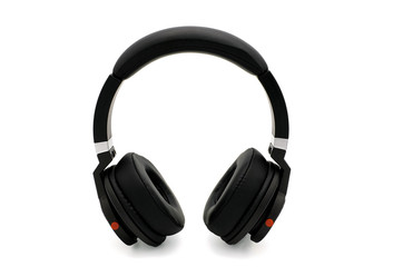 Black wireless headphones isolated on white background.