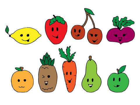 Cartoon vegetable cute characters face isolated on white background  illustration. Funny vegetable face icon  collection. Cartoon face food emoji. Vegetable emoticon. Funny food concept.
