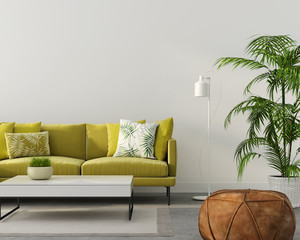 living room with a yellow sofa