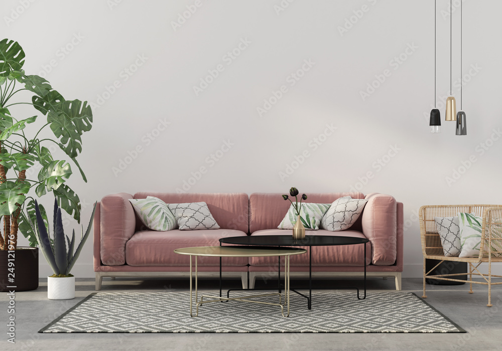 Wall mural living room in pink with velvet sofa