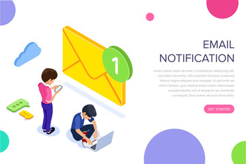 Isometric flat email notification concept. Email marketing at work. People received notification of a new letter on mobile phone and laptop. Can use for web banner, infographics, hero images.