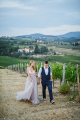 young beautiful wedding couple walking at sunset in Tuscany in Italy near the vineyards bride in beautiful dress groom stylishly dressed