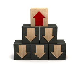 Wooden block with red arrow facing the opposite direction black arrows, Unique, think different, individual and standing out from the crowd . Pyramid shape, tip of the pyramid, concept. 3d rendering