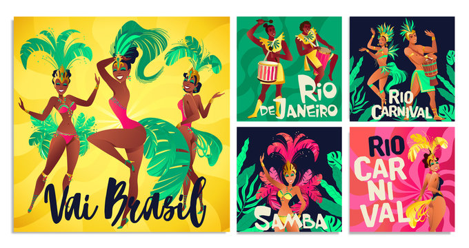 Brazilian samba posters. Carnival in Rio de Janeiro dancers wearing a festival costume is dancing. Vector illustration.