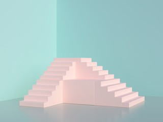 Scene with geometrical shapes in pastel pink colors. Pink stairs and pink podium in a corner. Minimal blue  background. Trendy colorful space.  3d render.