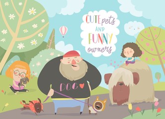 Naklejka premium Funny owners walking with their cute pets