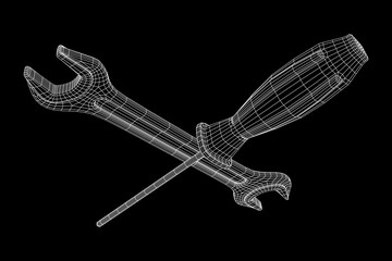 Obraz na płótnie Canvas Wrench and screwdriver. Spanner repair tool. Mechanic or engineer instruments. Support service wireframe low poly mesh vector illustration