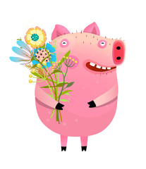 Pig with bouquet of flowers