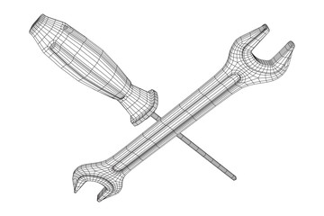 Wrench and screwdriver. Spanner repair tool. Mechanic or engineer instruments. Support service wireframe low poly mesh vector illustration