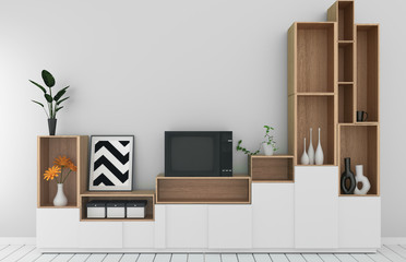 Cabinet mockup in modern empty room,white floor wooden on white wall room japanese style.3d rendering