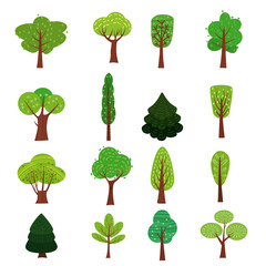 Set of trees forest green color stylized cute style, various shapes. Vector, illustration, isolated, icons.