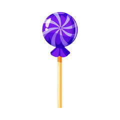 Lollipop colorful sweet. Round candies on stick in bright color packaging. Sugar sweet food dessert caramel. Vector illustration, isolated, cartoon style, icon