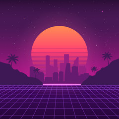 Futuristic background the 80`s. New retro wave. Cyberpunk. Sunset sun on retro cyber surface. - 249129172