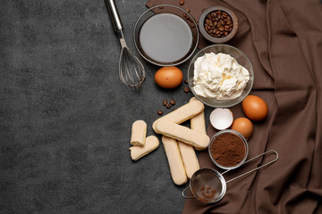 Obraz na płótnie Canvas frame made of Ingredients for making traditional Italian dessert Tiramisu