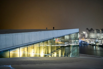 Night view to the Opera House and new business district in Oslo, Norway. 27-01-2019