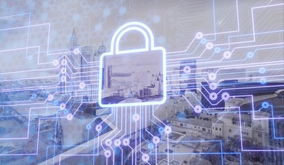 Digital lock icon and city background, concept of data security