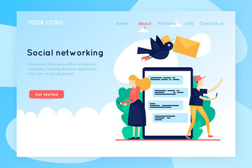 Site template. Social networking, correspondence. Group of people with devices. Virtual communication. Landing Page template. Vector illustration