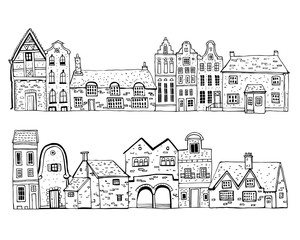 Vintage stone Europe houses. Set of old style town and village building facades in a row. Hand drawn outline vector sketch illustration